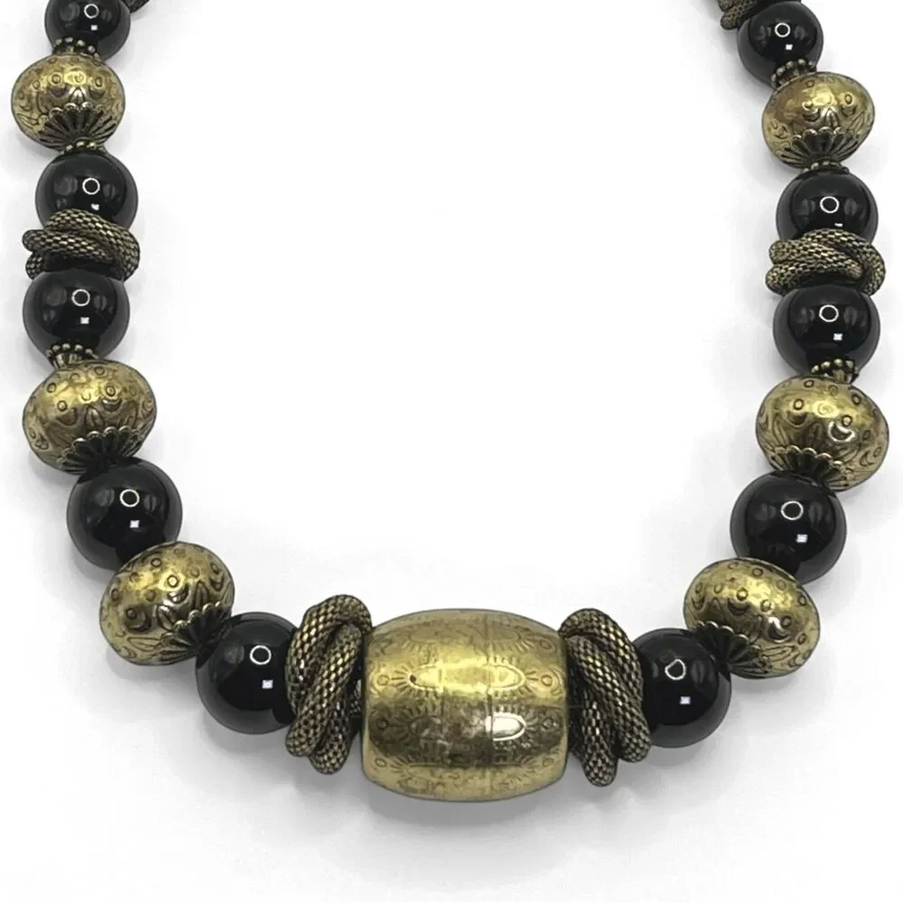 Vintage Coldwater Creek Necklace Black Gold Tone Chunky Metal Beads Heavy 22